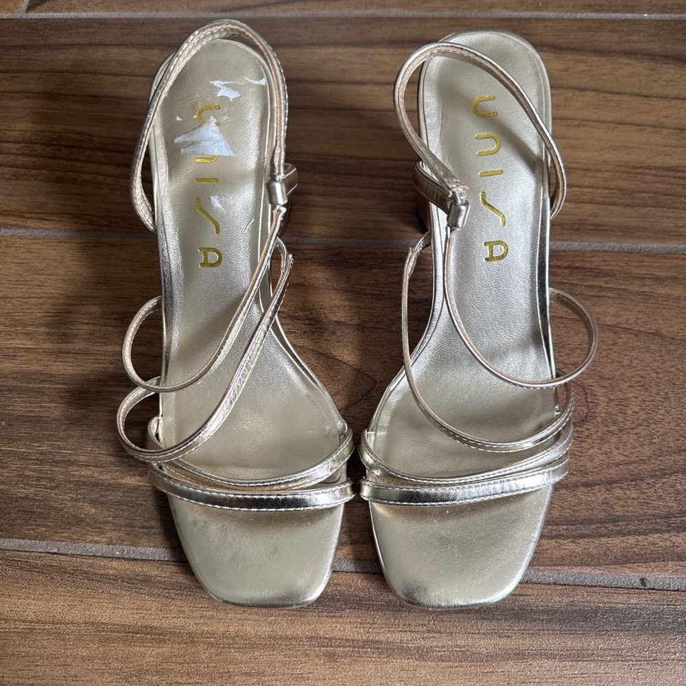 UNISA Metallic Gold Strappy Square-Toe Heels